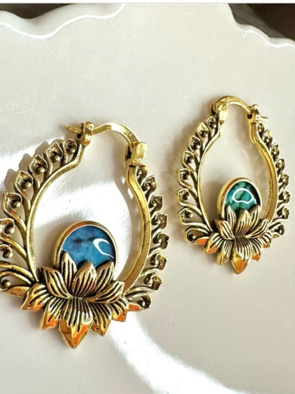 Turquoise Teal Stone Gold Winged Earrings Lotus Flower Hoop- NEW!